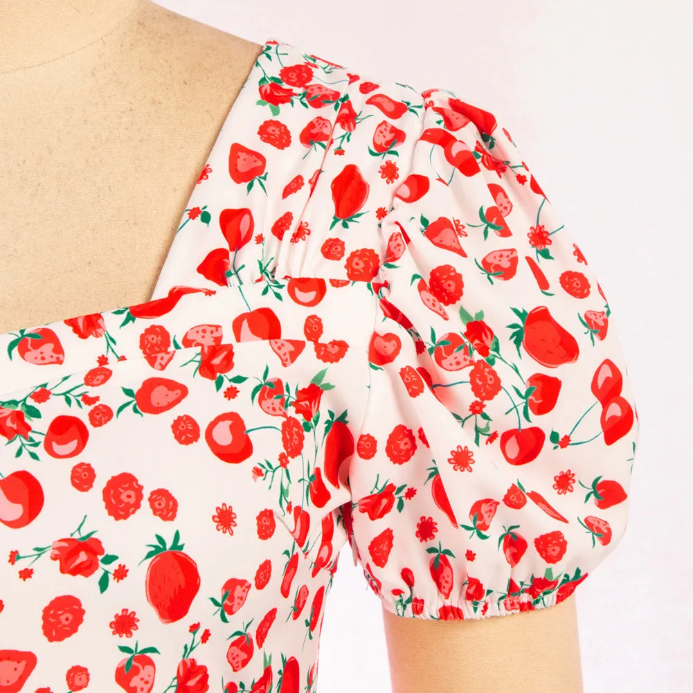 Strawberry Printed Peplum Hem Tops Puffed Short Sleeve Square Neck Tops