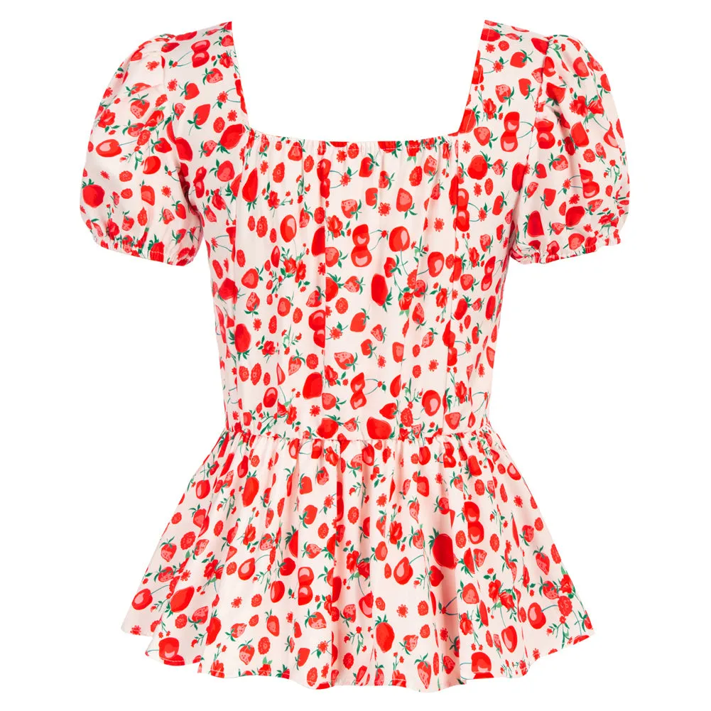 Strawberry Printed Peplum Hem Tops Puffed Short Sleeve Square Neck Tops