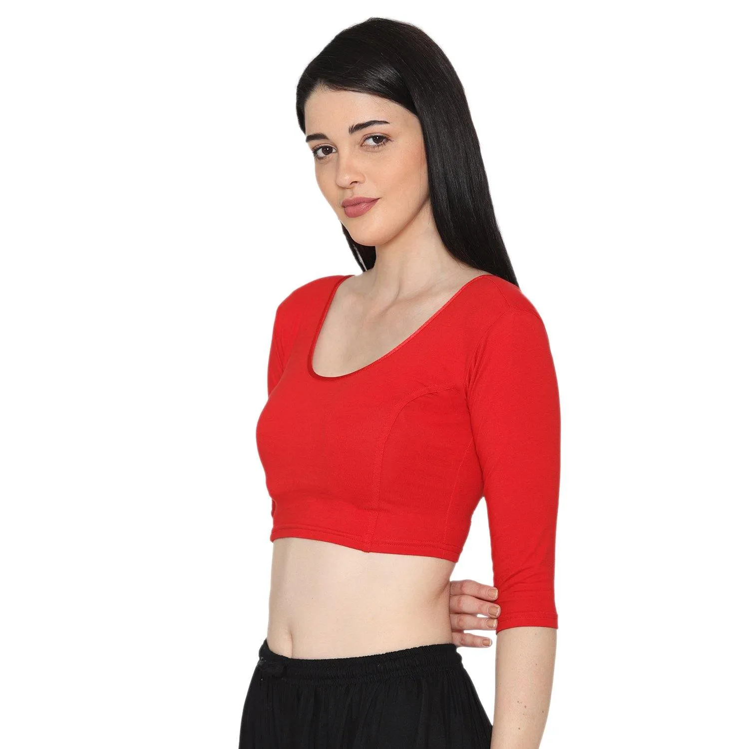 Women's 3/4 Length Cotton Stretchable Readymade Plain Blouse - Red